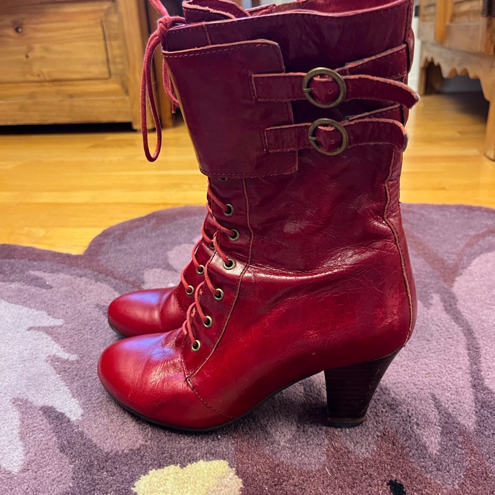 Miz Mooz leather Red Lace Up Boots with Chunky Heel